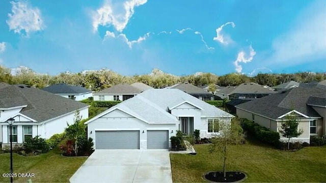 ranch-style home with a garage, a residential view, and a front lawn