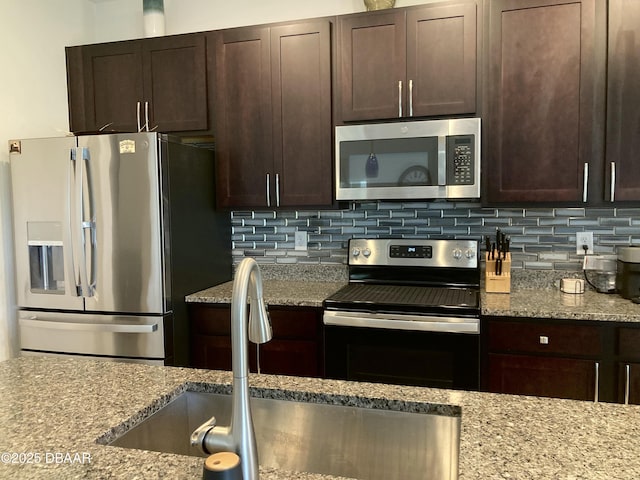 kitchen featuring stainless steel appliances, a sink, backsplash, and dark brown cabinetry