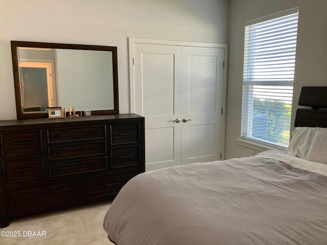 bedroom with a closet and light colored carpet