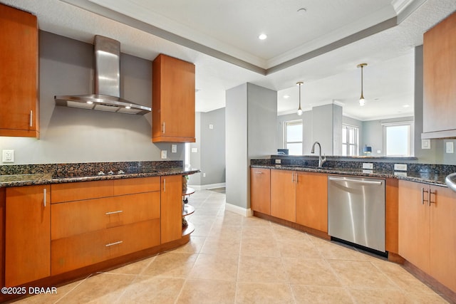 2515 S Atlantic Ave Unit 502, Daytona Beach, FL 32118 - kitchen with stainless steel dishwasher, wall chimney exhaust hood, black electric stovetop, a sink, and dark stone countertops