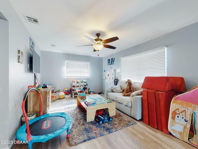 living room with ceiling fan and hardwood / wood-style flooring