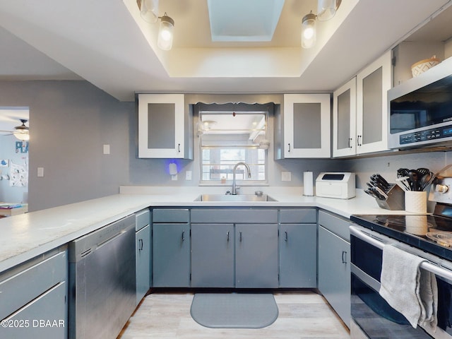 kitchen with sink, a raised ceiling, stainless steel appliances, and light hardwood / wood-style flooring