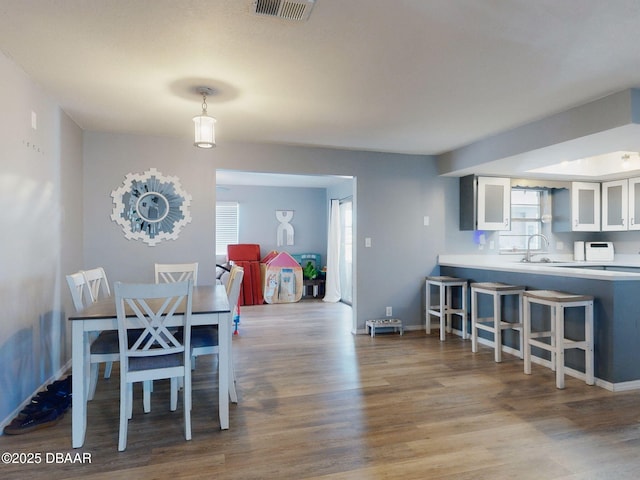 dining space featuring sink, hardwood / wood-style flooring, and a wealth of natural light