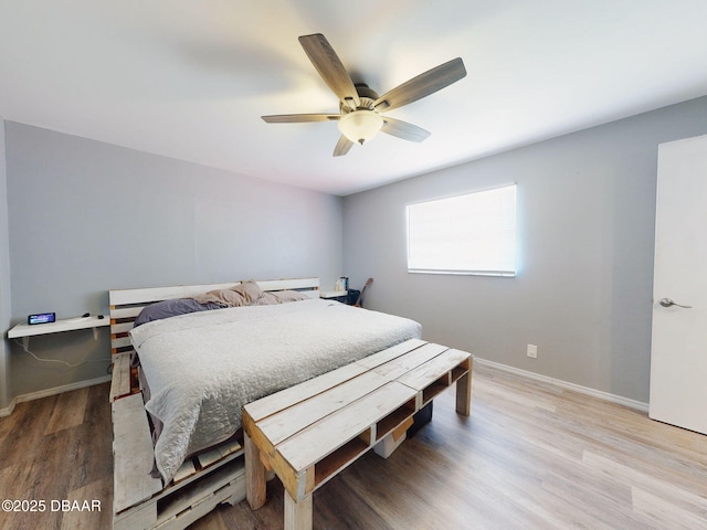 bedroom featuring ceiling fan and wood-type flooring