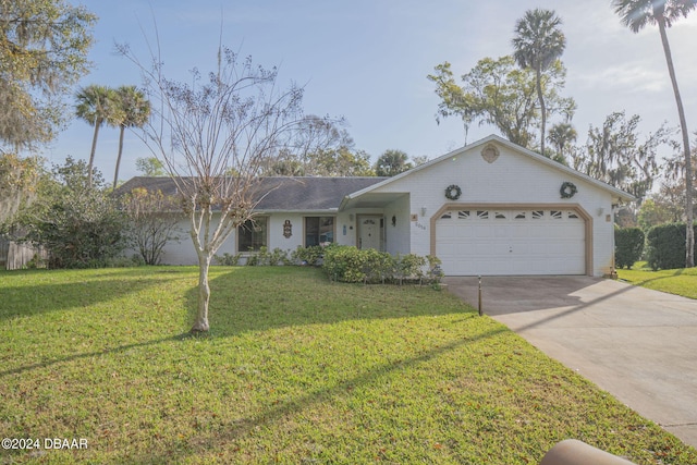 single story home featuring a front yard and a garage