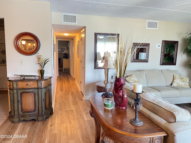 living room featuring a textured ceiling and light hardwood / wood-style flooring