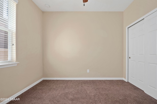 unfurnished bedroom featuring carpet flooring, multiple windows, and a closet