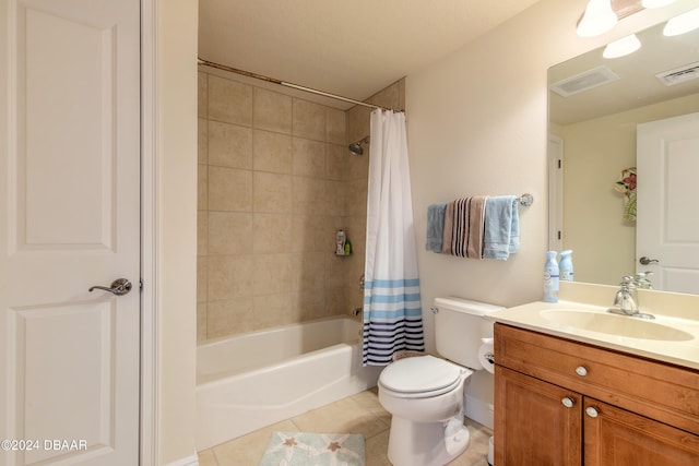 full bathroom featuring vanity, tile patterned flooring, shower / bathtub combination with curtain, and toilet