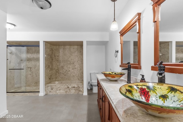 bathroom featuring concrete flooring, vanity, toilet, and an enclosed shower