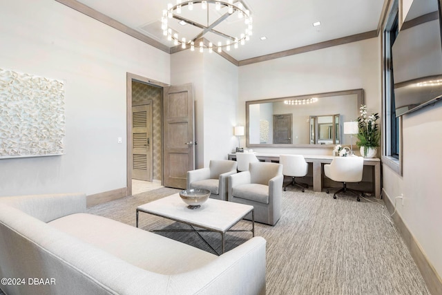 carpeted living room featuring a chandelier and crown molding