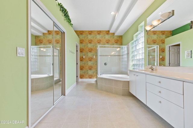 bathroom with vanity, tile patterned floors, and separate shower and tub