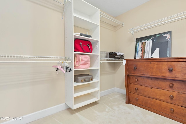 spacious closet featuring light colored carpet