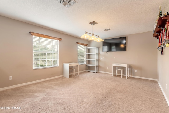 unfurnished living room featuring a textured ceiling and light carpet