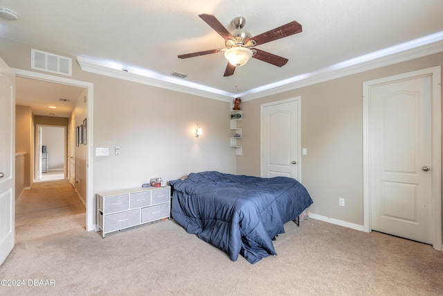 206 Laurel Point Ct, Deland, FL 32724 - bedroom featuring ornamental molding, light carpet, baseboards, and a ceiling fan