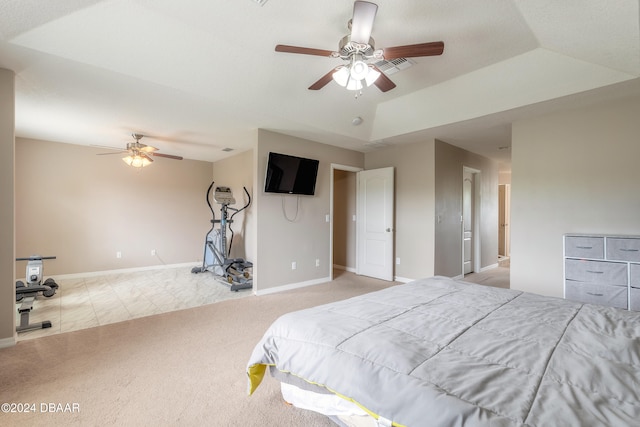 carpeted bedroom with lofted ceiling and ceiling fan