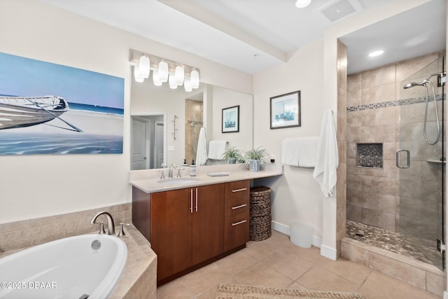 bathroom with shower with separate bathtub, tile patterned floors, and vanity