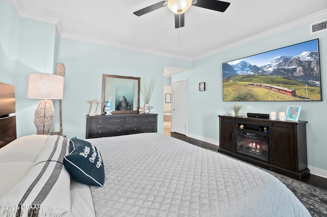 bedroom with crown molding, ceiling fan, and dark wood-type flooring