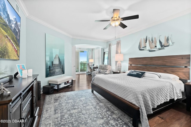 bedroom featuring crown molding, ceiling fan, and dark hardwood / wood-style flooring