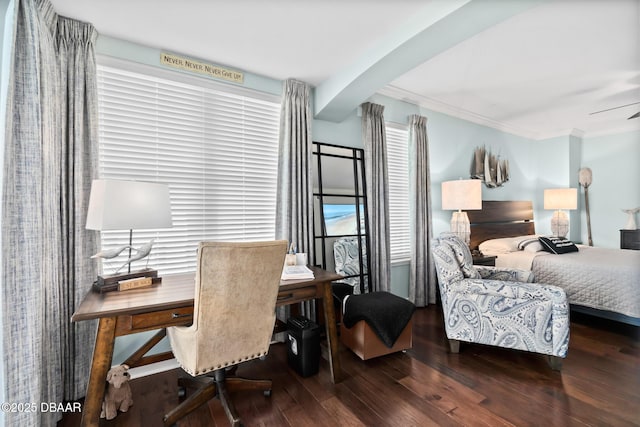 bedroom featuring crown molding and dark hardwood / wood-style floors