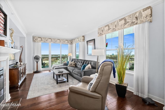 living room with dark wood-type flooring and ornamental molding