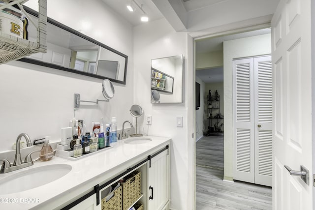 bathroom with hardwood / wood-style floors and vanity