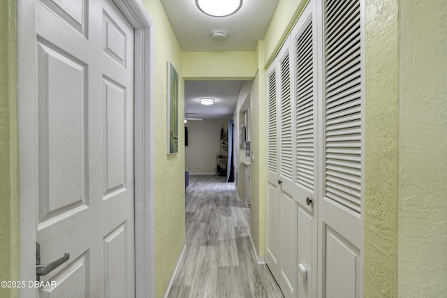 hallway featuring light wood-type flooring and a textured ceiling