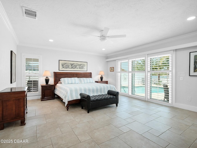 1601 S Riverside Dr, Edgewater, FL 32132 - bedroom with multiple windows, baseboards, crown molding, a ceiling fan, and recessed lighting