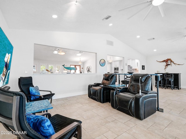 1601 S Riverside Dr, Edgewater, FL 32132 - home theater room featuring ceiling fan, vaulted ceiling, recessed lighting, and baseboards