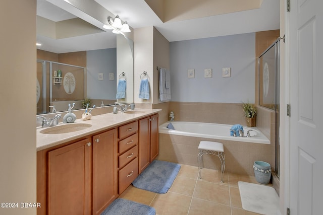 bathroom with vanity, tile patterned flooring, and separate shower and tub