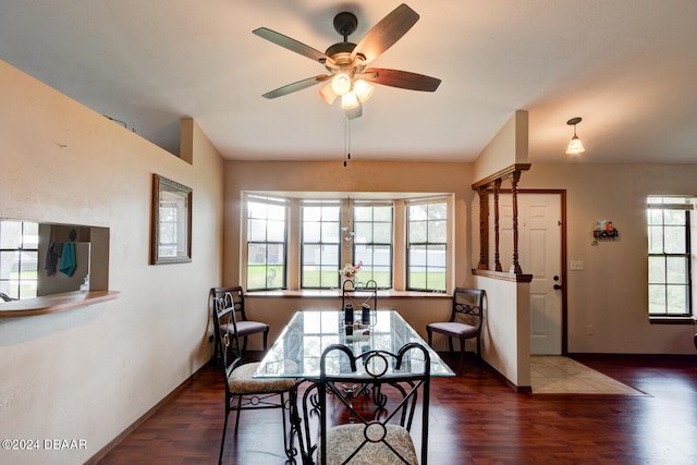 dining area featuring ceiling fan, plenty of natural light, and dark hardwood / wood-style flooring