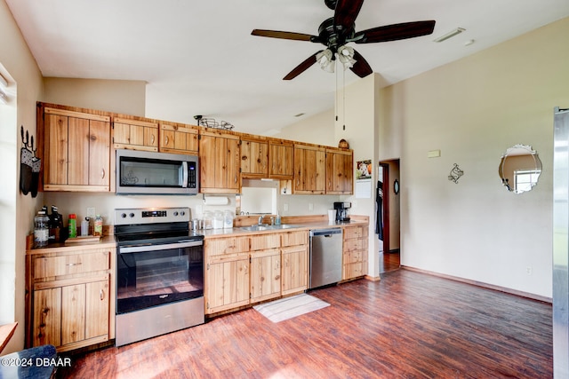 kitchen featuring stainless steel appliances, dark hardwood / wood-style floors, high vaulted ceiling, sink, and ceiling fan