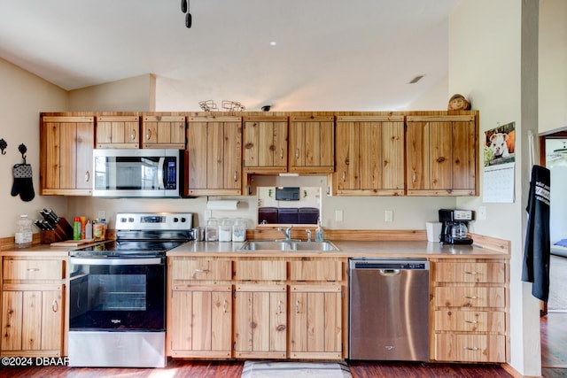 kitchen with stainless steel appliances, lofted ceiling, dark hardwood / wood-style floors, and sink