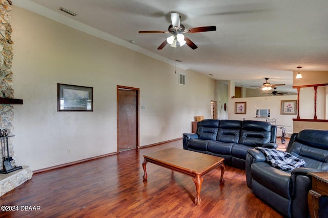 living room with hardwood / wood-style floors and ceiling fan