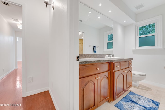 bathroom with hardwood / wood-style flooring, vanity, and toilet