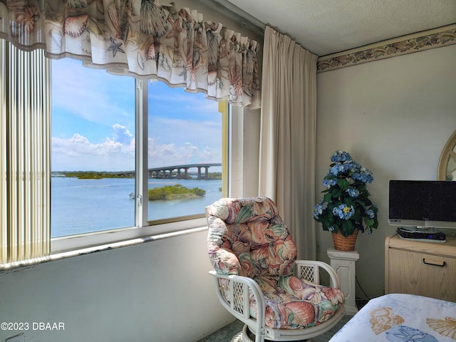 bedroom featuring multiple windows, a water view, and a textured ceiling