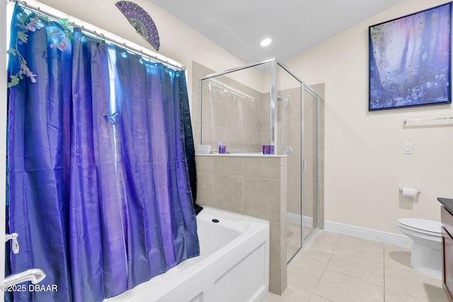 19343 Moorgate St, Orlando, FL 32833 - bathroom with a stall shower, a bath, tile patterned flooring, toilet, and baseboards