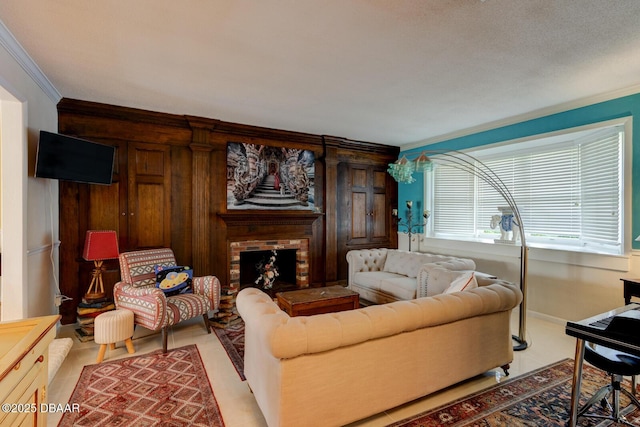 living room featuring ornamental molding and a brick fireplace