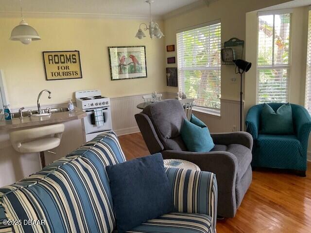 living room featuring wainscoting, crown molding, and wood finished floors