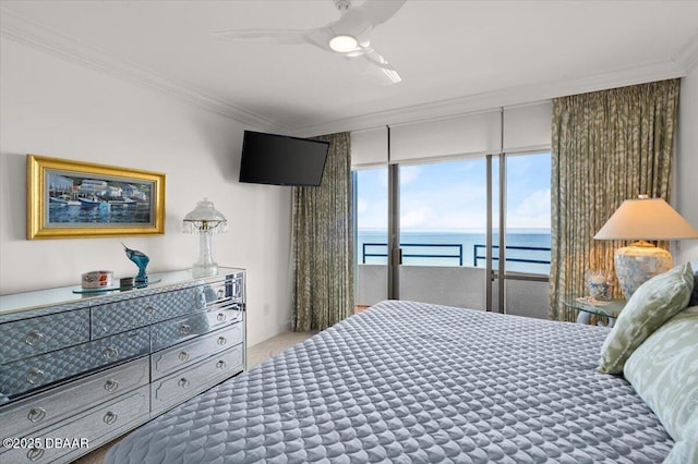 bedroom featuring crown molding, carpet floors, access to exterior, and ceiling fan