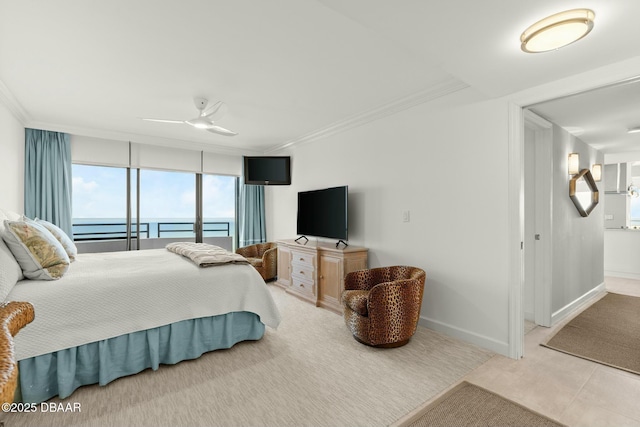 bedroom with tile patterned flooring, crown molding, and ceiling fan