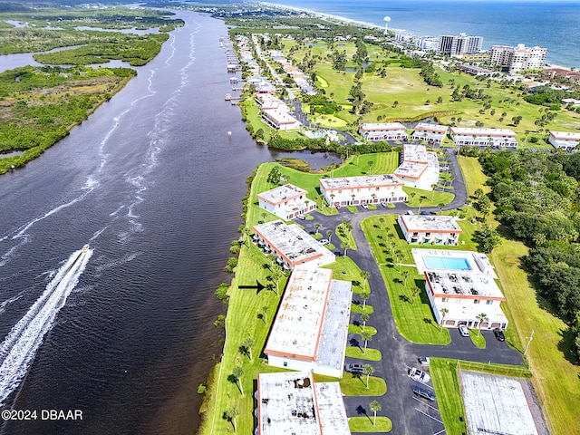 bird's eye view with a water view