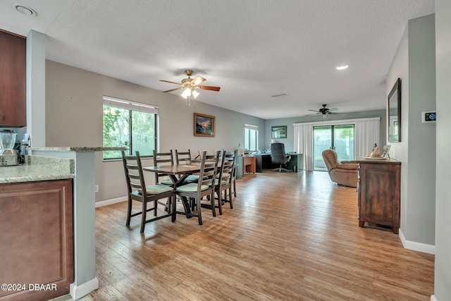 dining space with ceiling fan, plenty of natural light, light wood-type flooring, and a textured ceiling