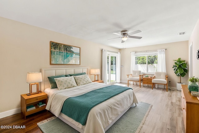 bedroom with ceiling fan and hardwood / wood-style floors