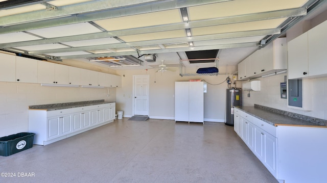 garage featuring electric water heater, electric panel, a garage door opener, and ceiling fan