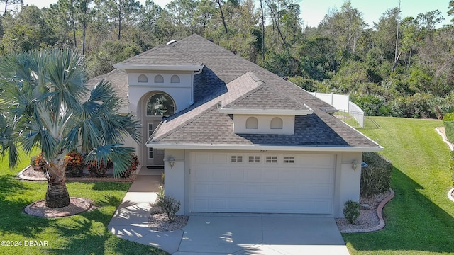 view of front facade with a front lawn and a garage