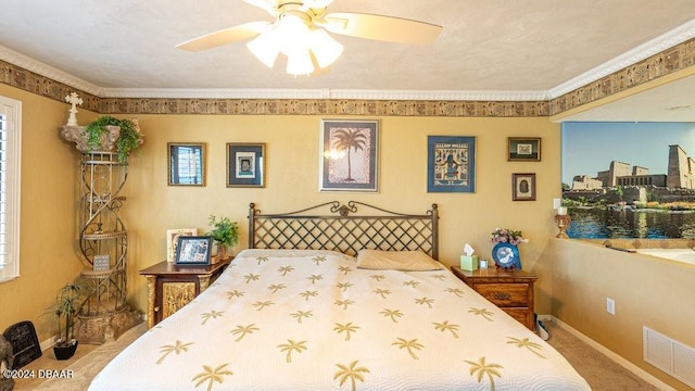 bedroom featuring multiple windows, carpet floors, and ceiling fan