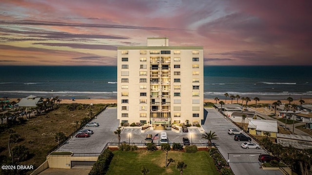 outdoor building at dusk with a water view