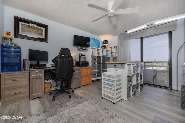 home office featuring light wood-type flooring, a ceiling fan, and a textured ceiling