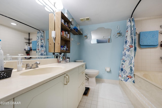 full bath with tile patterned floors, shower / bath combination with curtain, toilet, vanity, and baseboards