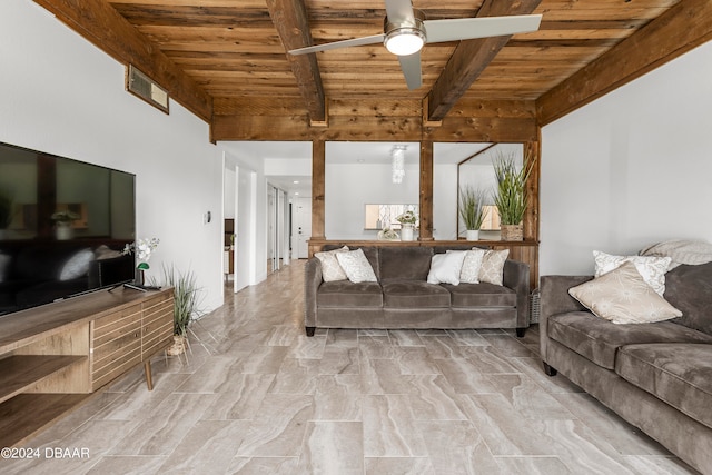 living room with ceiling fan, beamed ceiling, and wood ceiling